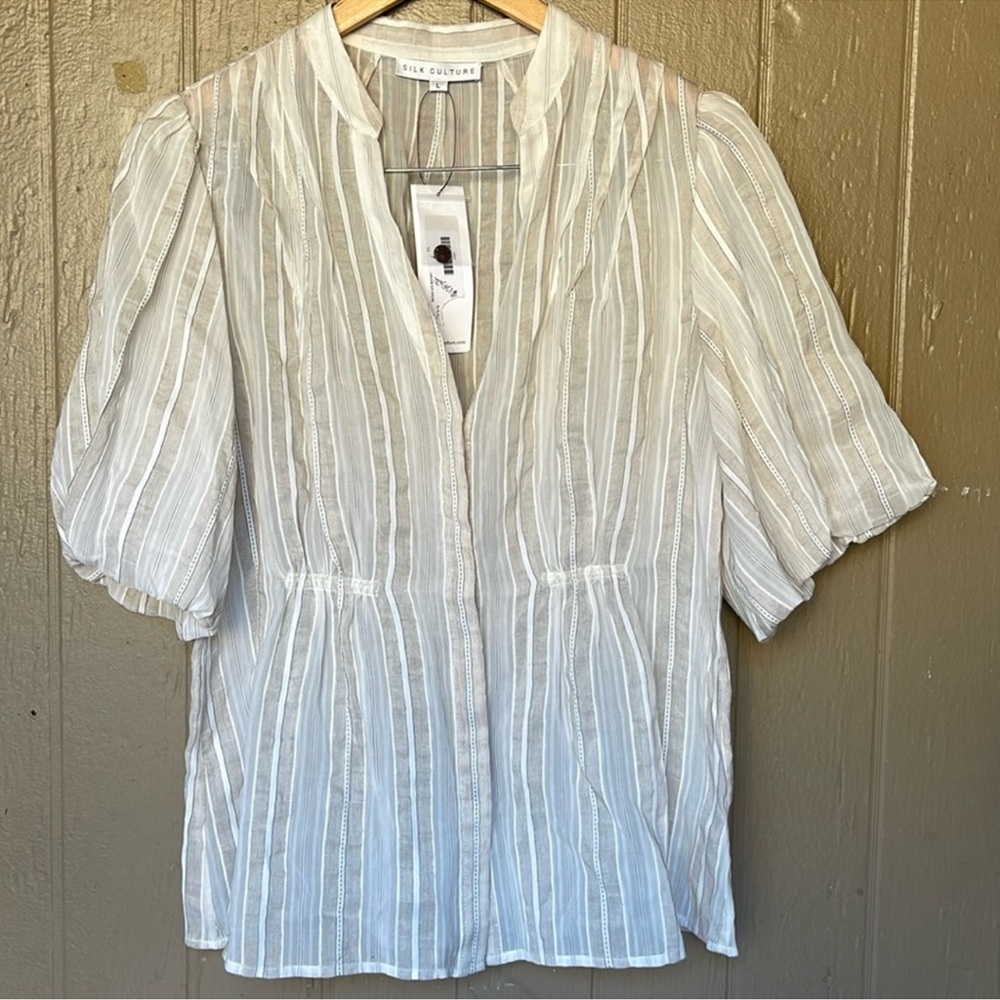 Silk Culture Women's cotton/ silk / linen blend White Striped Top